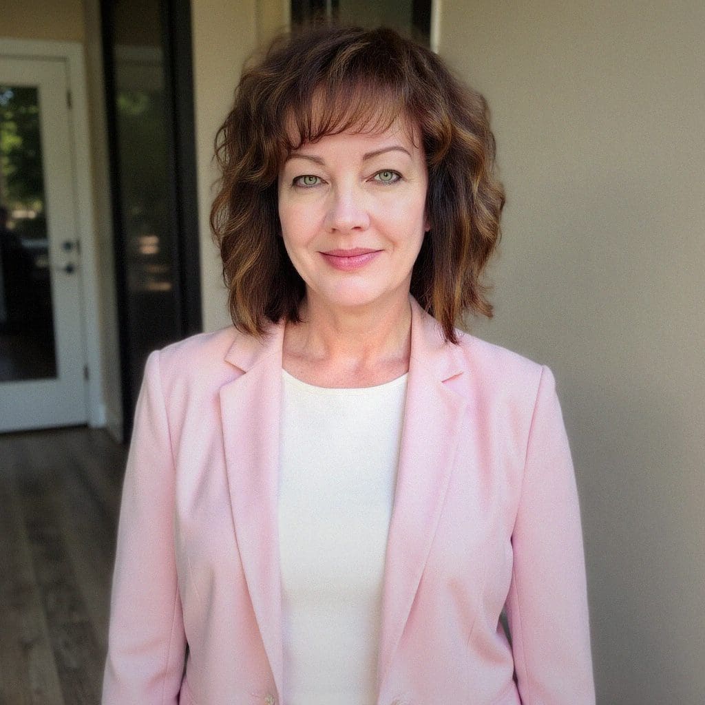 A woman in a pink blazer smiling at the camera.