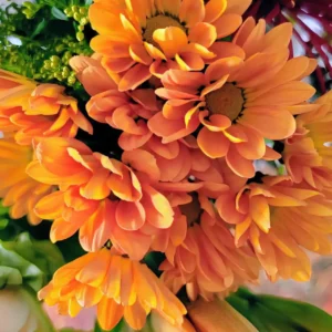 Orange flowers with green leaves arrangement.